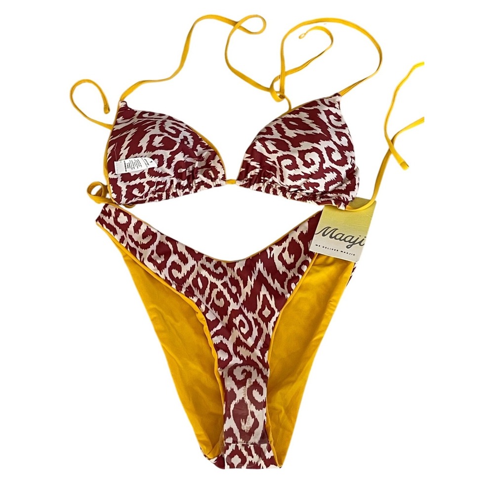 Maaji Reversible Bikini Set Yellow Red Ikat Triangle Top L High Cut Bottom M NWT